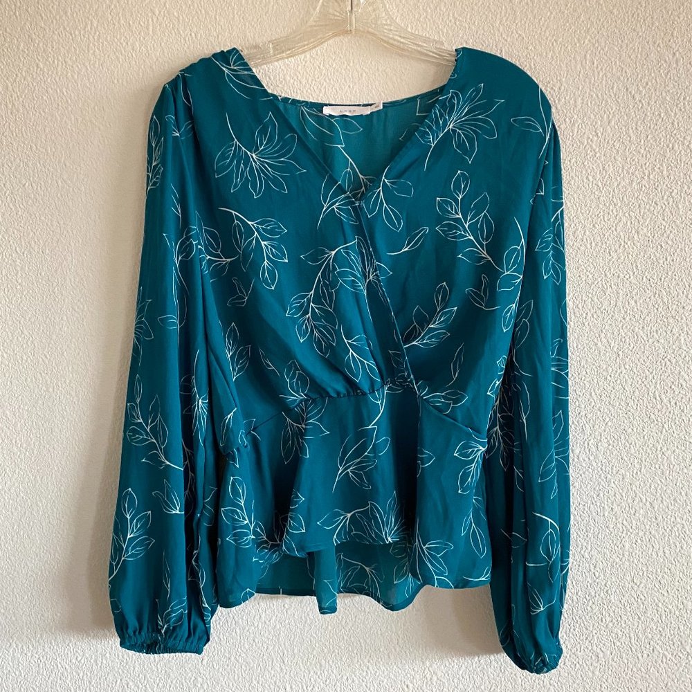 lush leaf print v-neck wrap blouse (size L)